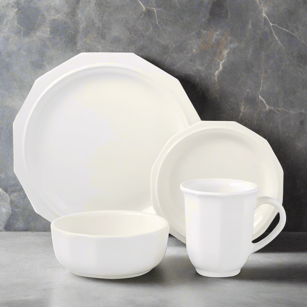 Heritage stoneware dinner plates set on a dining table