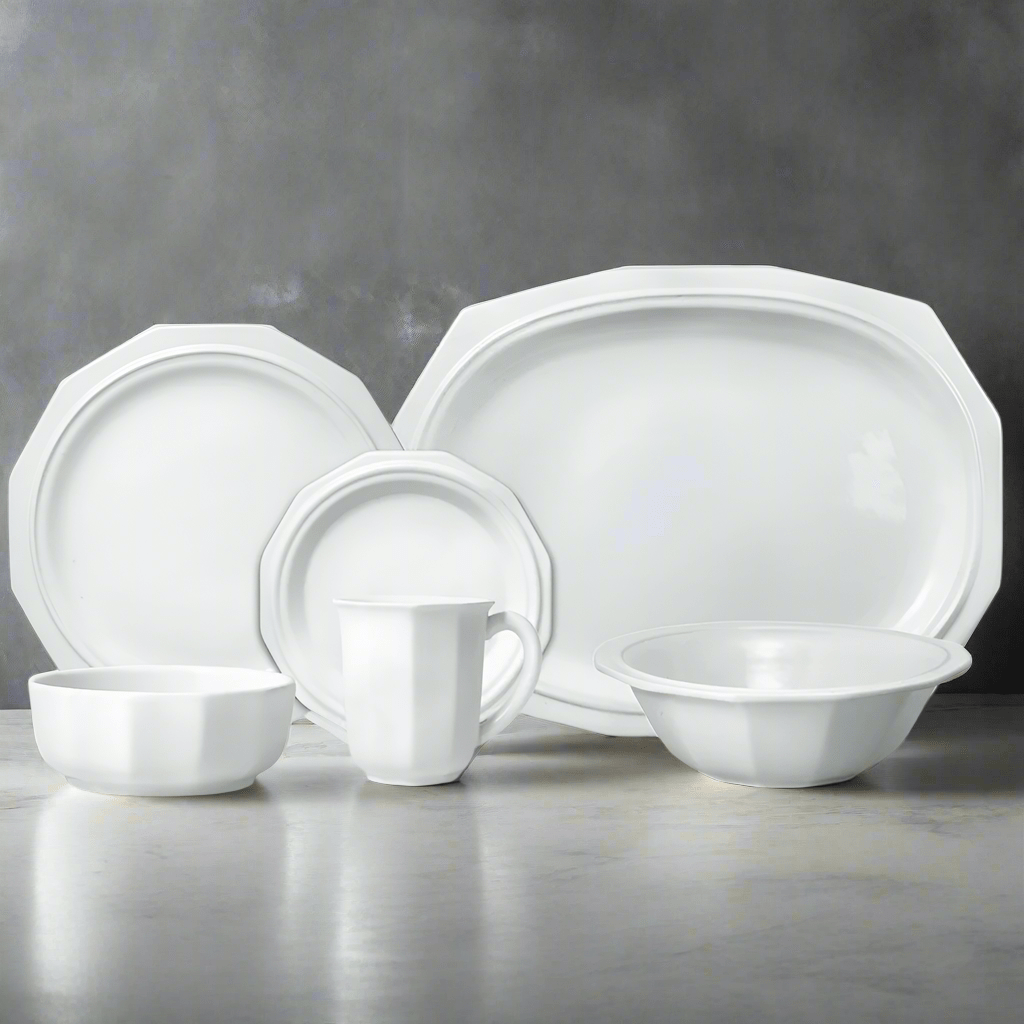 Heritage service for 8 with white stoneware dinner plates and salad plates arranged on a dining table