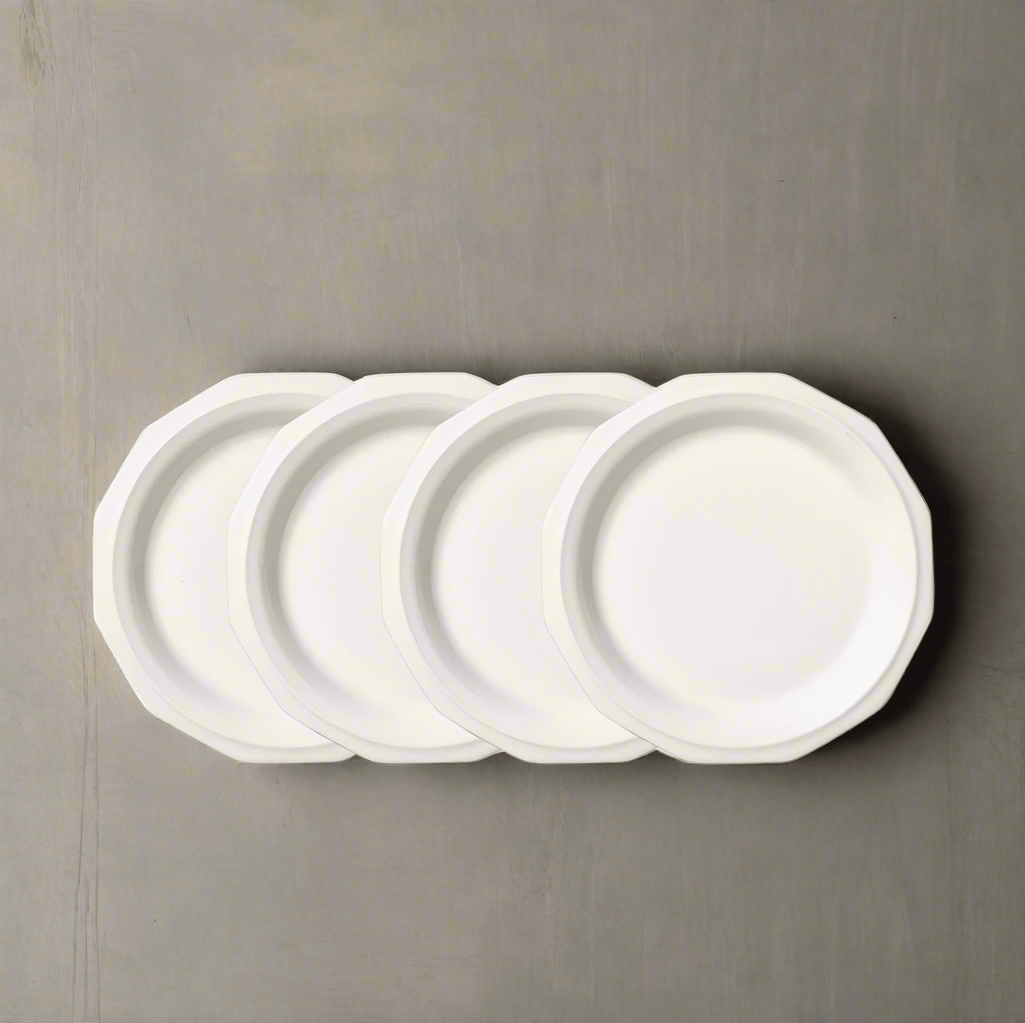 Close-up of 7-inch microwave safe salad plates stacked on a table
