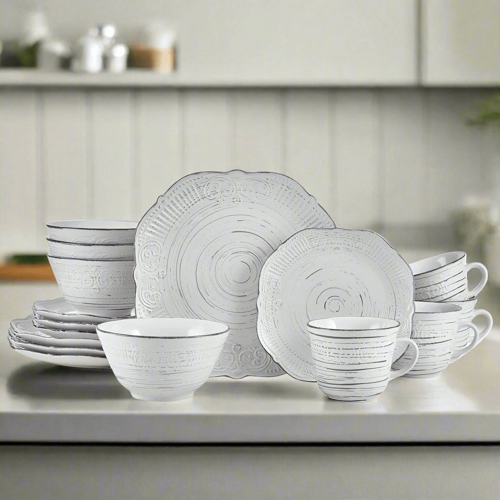 Rustic Charm stoneware dinnerware set displaying the unique scalloped edge design on a dining table.