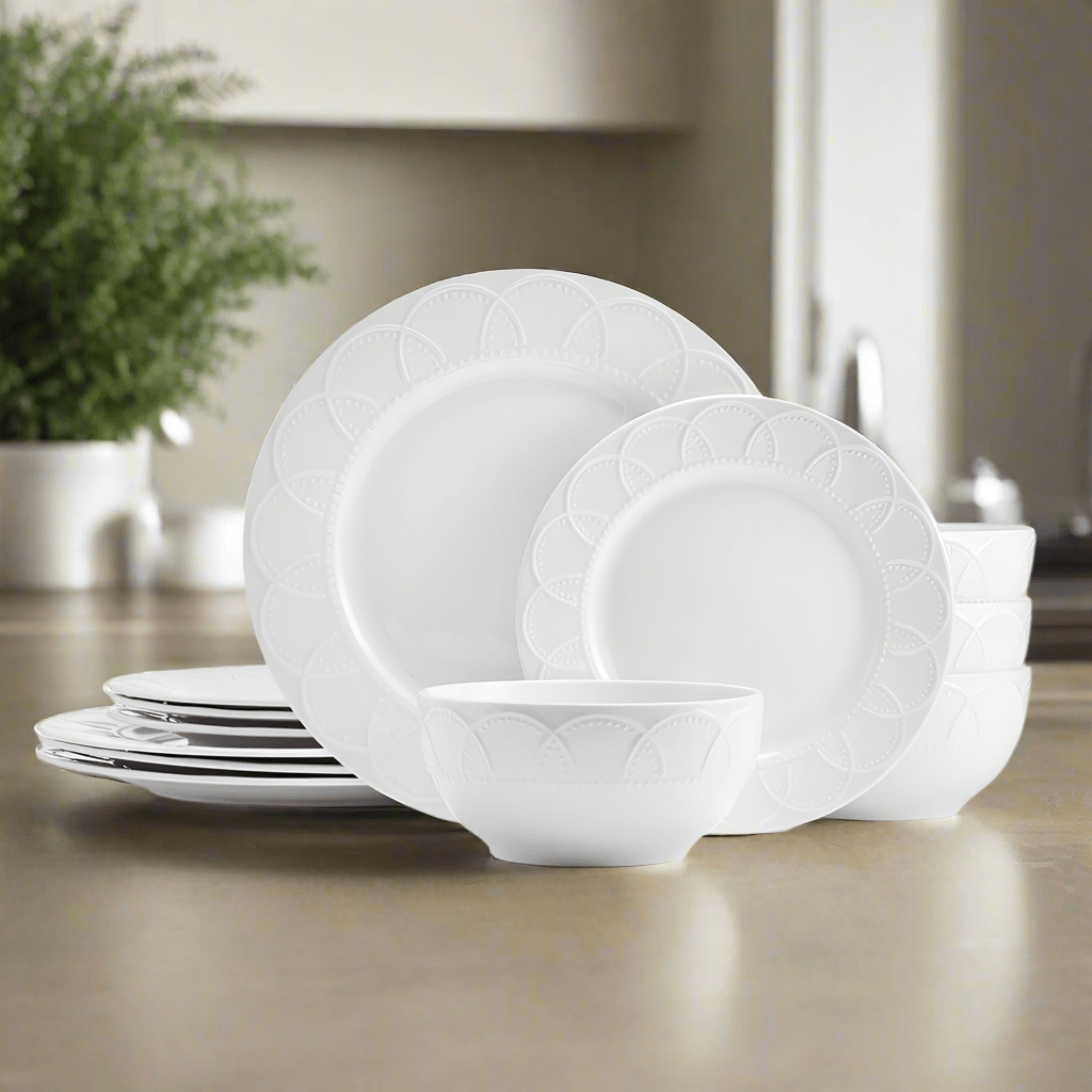 Jules porcelain dinnerware set with embossed design on dinner plates and bowls