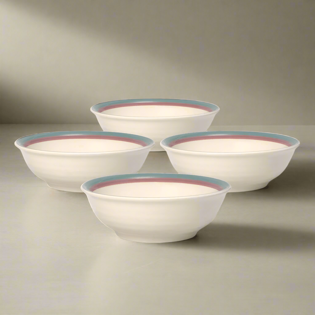 Set of 4 stoneware soup bowls on a dining table, perfect for any meal.