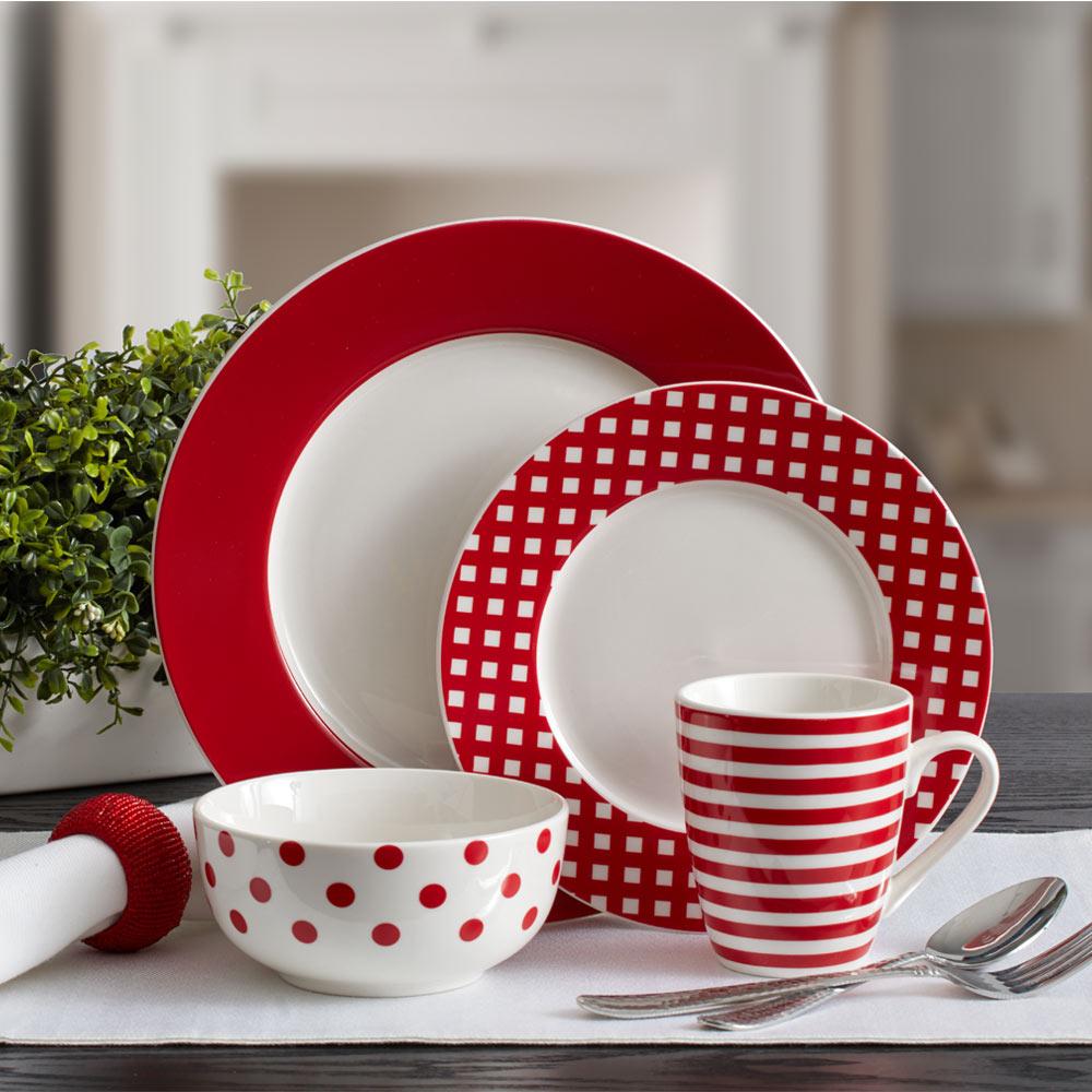 Close-up of the Kenna Red 16-piece porcelain set with unique design details