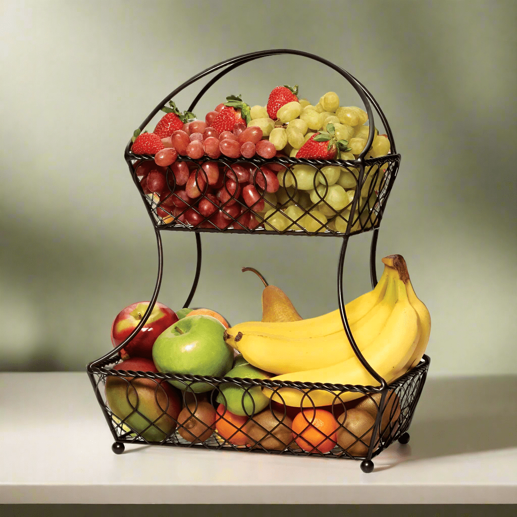 Elegant Lattice Two-Tiered Fruit Storage Basket showcasing fresh fruits on a kitchen countertop.