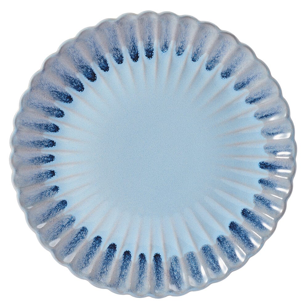 Close-up of blue gray scalloped stoneware dinner plate from the Lucinda dinnerware set