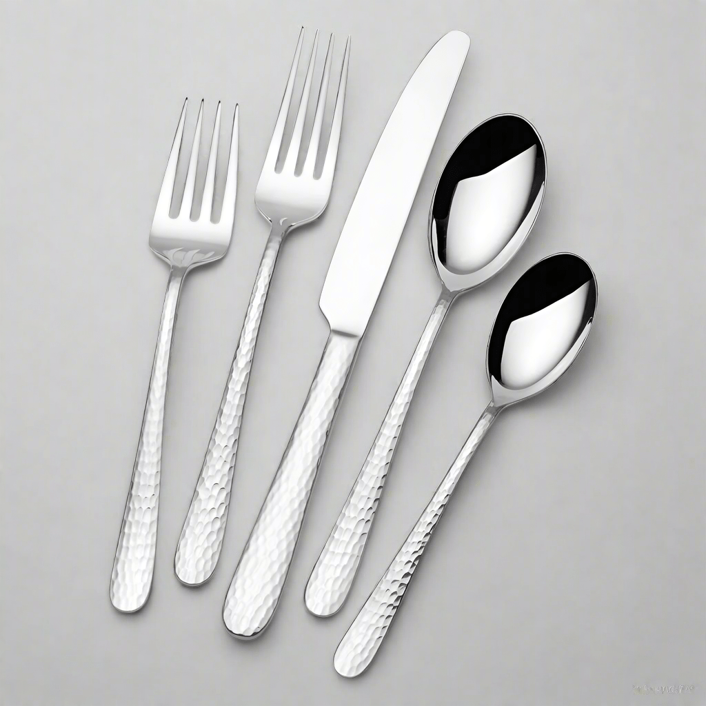 Close-up of Madrid flatware set with hammered handles on a dining table