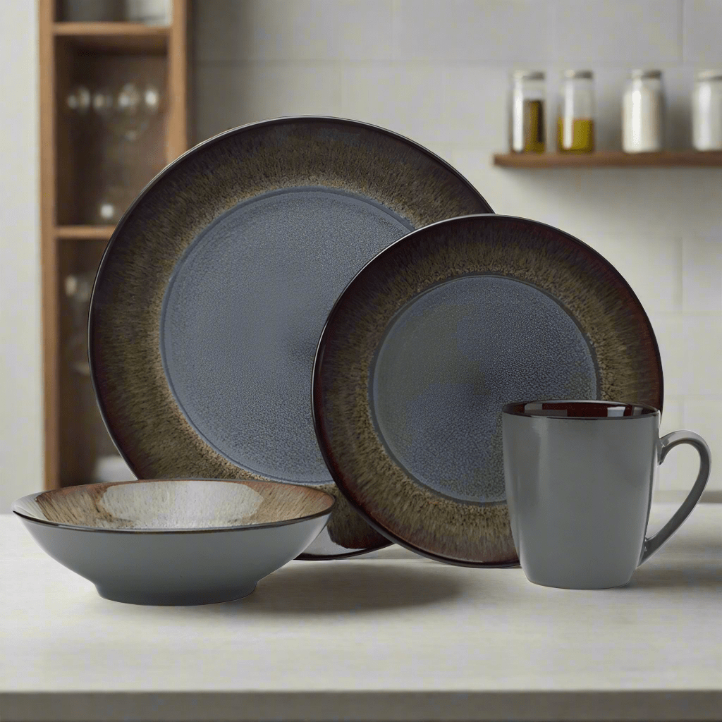 Close-up of Monroe Gray dinnerware set showcasing the unique reactive glaze and speckled design.