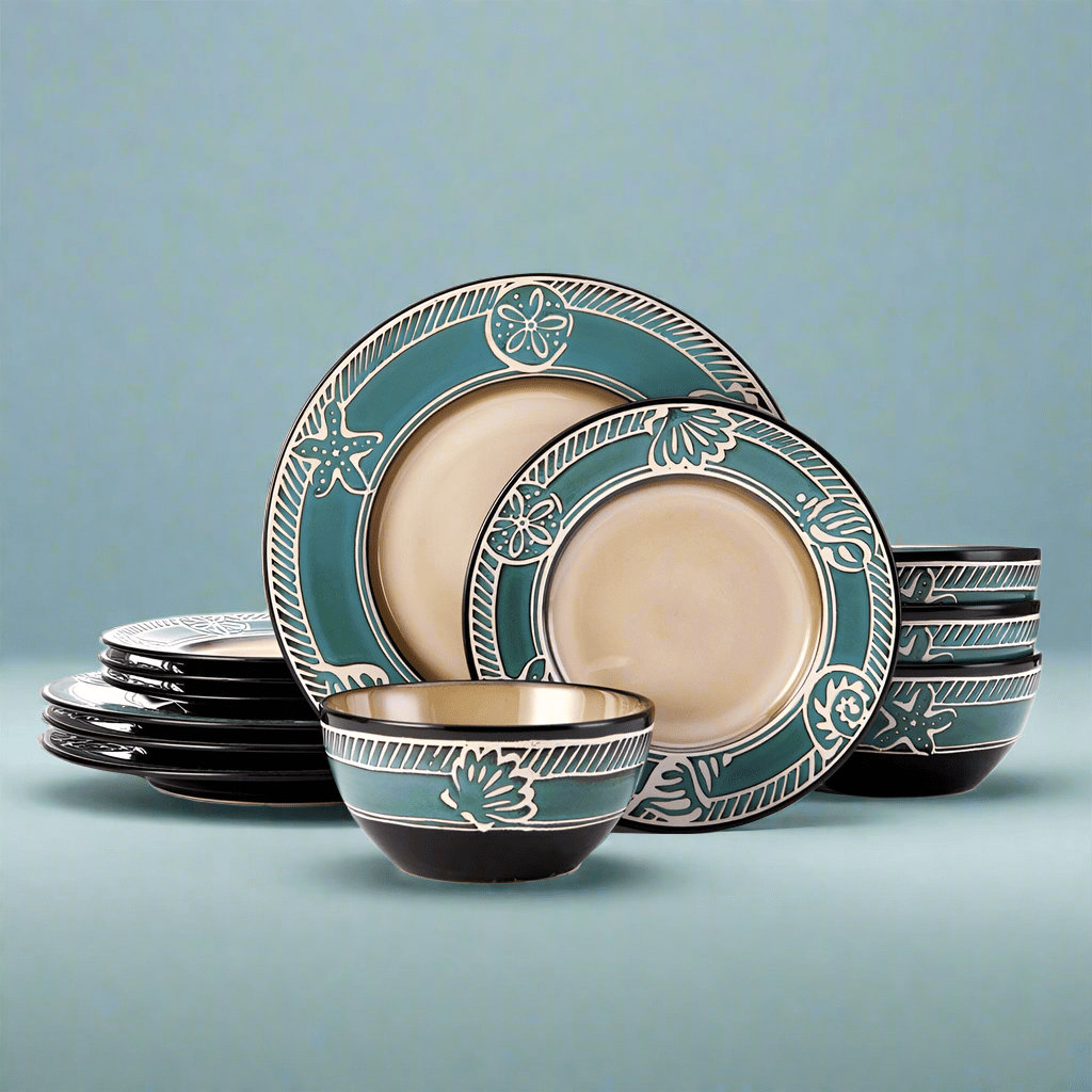 Close-up of the embossed seashell design on the stoneware dinner plate
