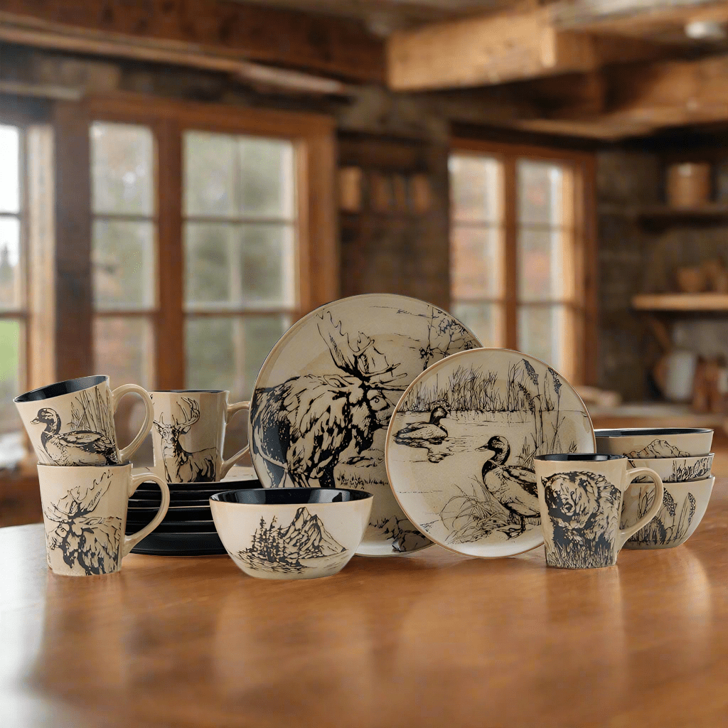 Nature-inspired animal print dinnerware set showcasing bear, moose, duck, and deer designs.