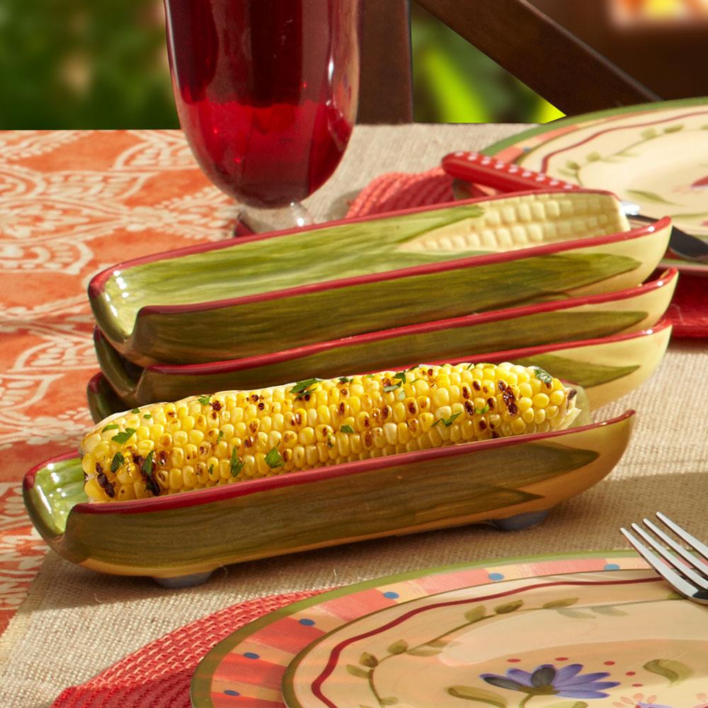 Charming corn serving dish set displayed with corn and crackers