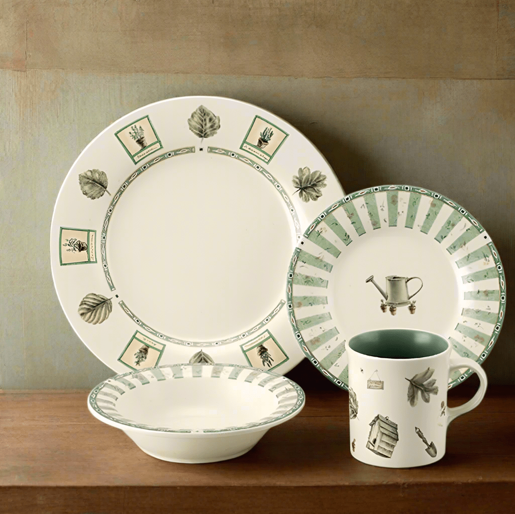Naturewood stoneware dinner set featuring an oversized dinner plate, salad plate, soup bowl, and mug, perfect for family meals.
