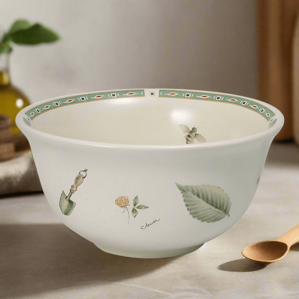 Front view of the Naturewood stoneware bowl with garden tool design