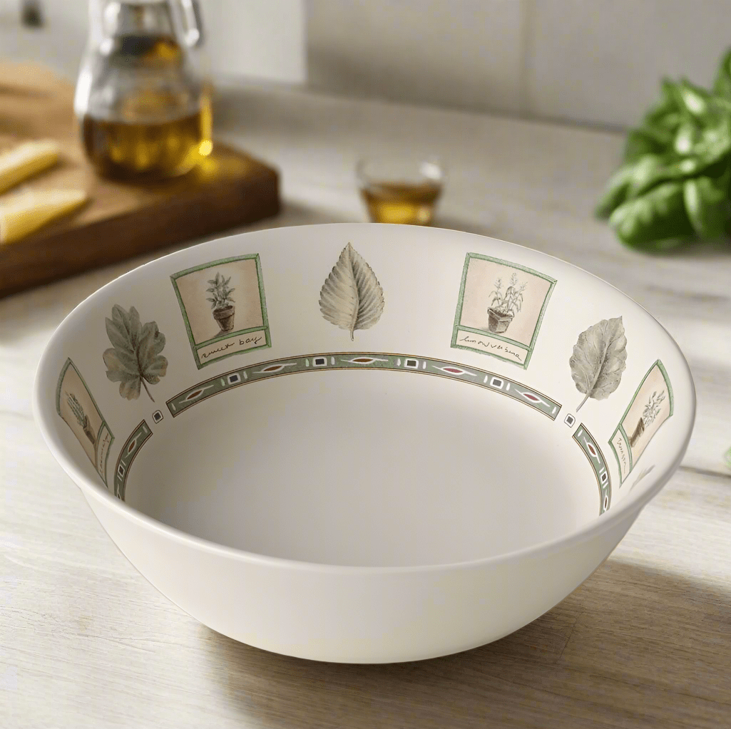 Elegant stoneware pasta salad bowl with fresh ingredients