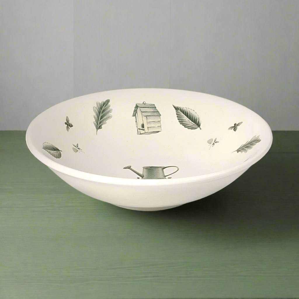 Close-up of the stoneware pasta bowl with pasta inside, highlighting the textured finish