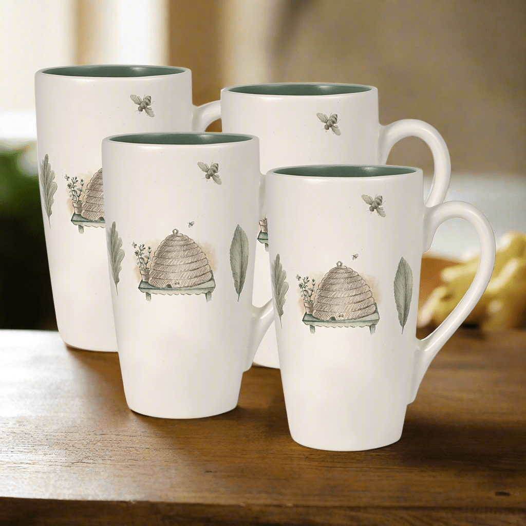 Set of four stoneware latte mugs with a modern design, ideal for home use