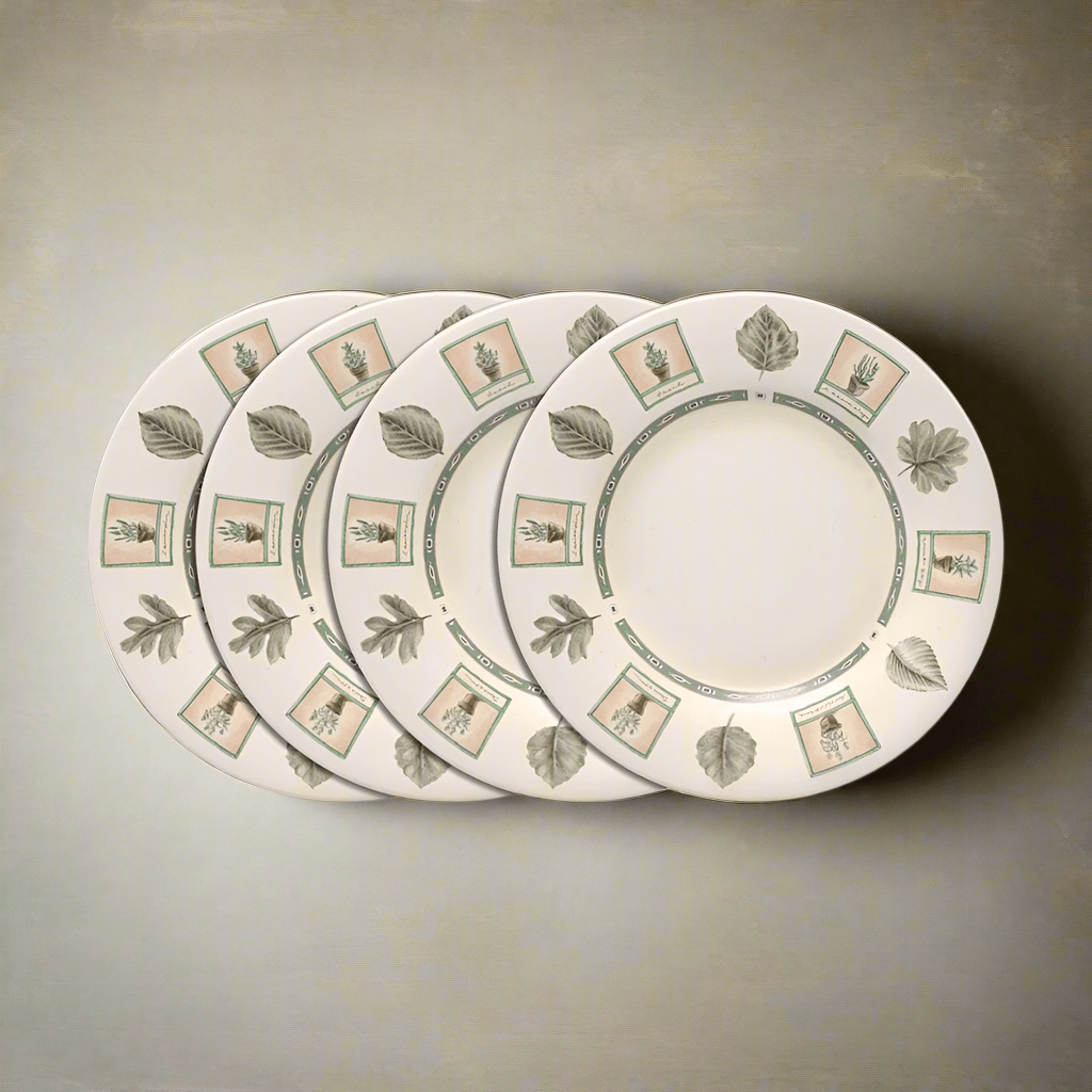 Close-up of large 9 inch stoneware luncheon plates stacked for serving