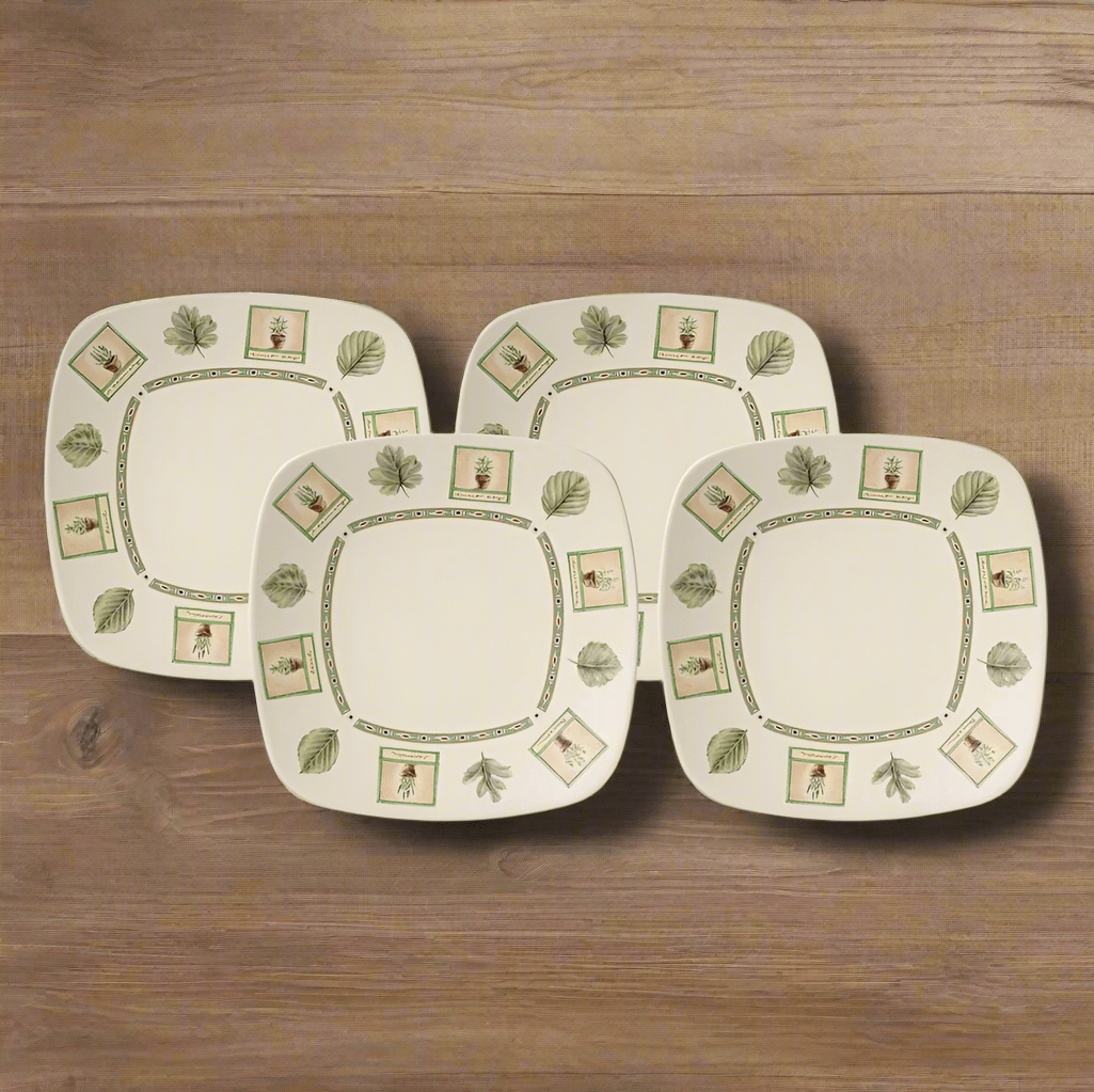 Elegant 10 inch square stoneware dinner plate set displayed on a dining table.