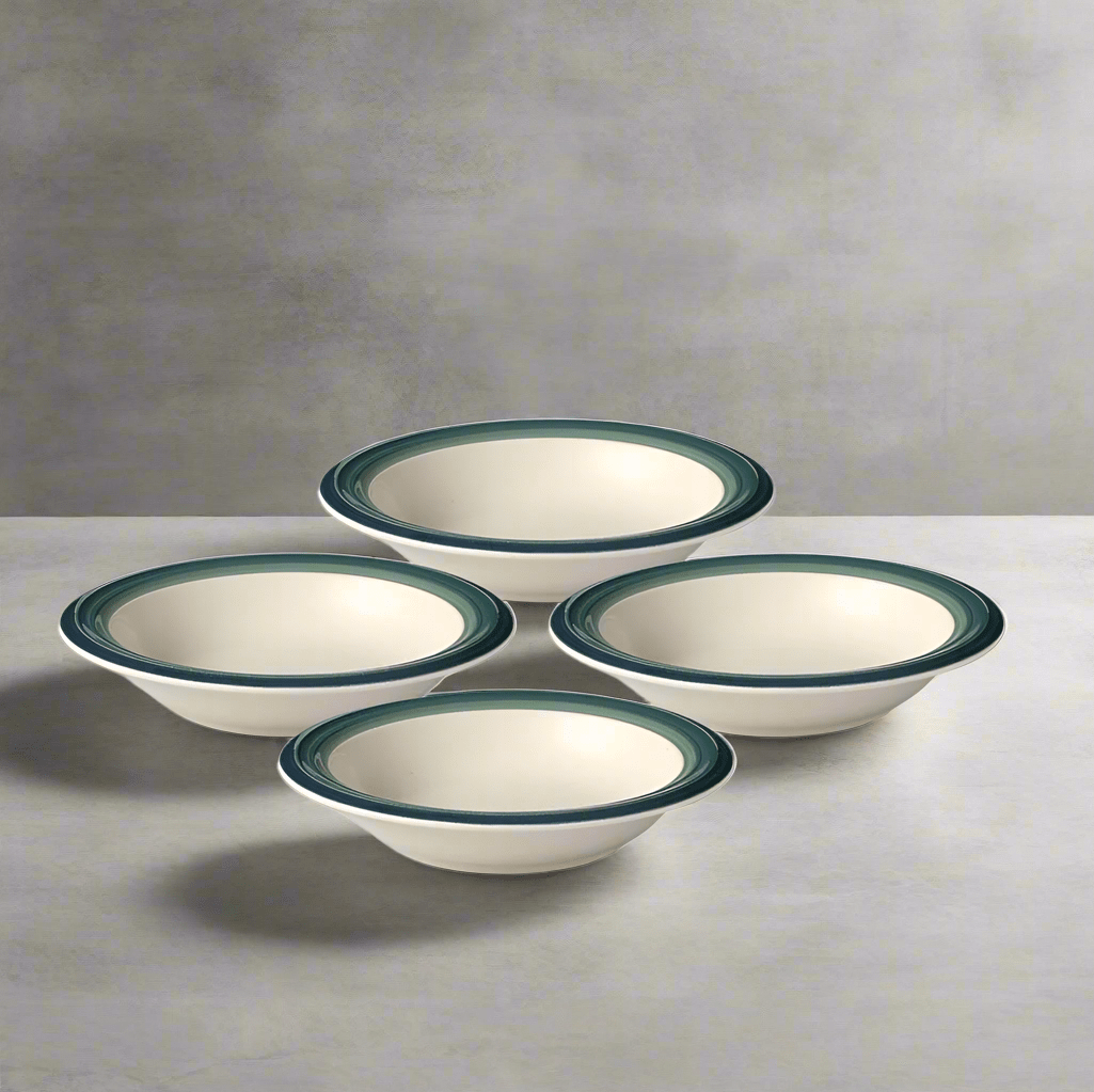 Ocean Breeze stoneware bowl from the side, showcasing the wide rim design and depth perfect for soups.