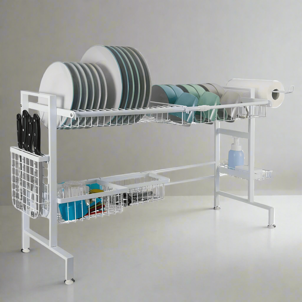 Over the sink dish drying rack with two tiers and hooks, ideal for drying dishes.