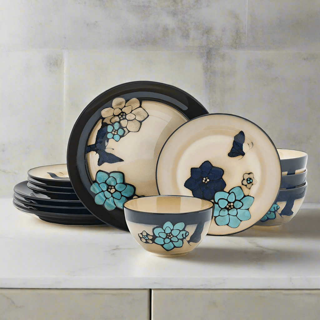 Elegant Butterfly Blue dinner plate showcasing floral design and taupe center.