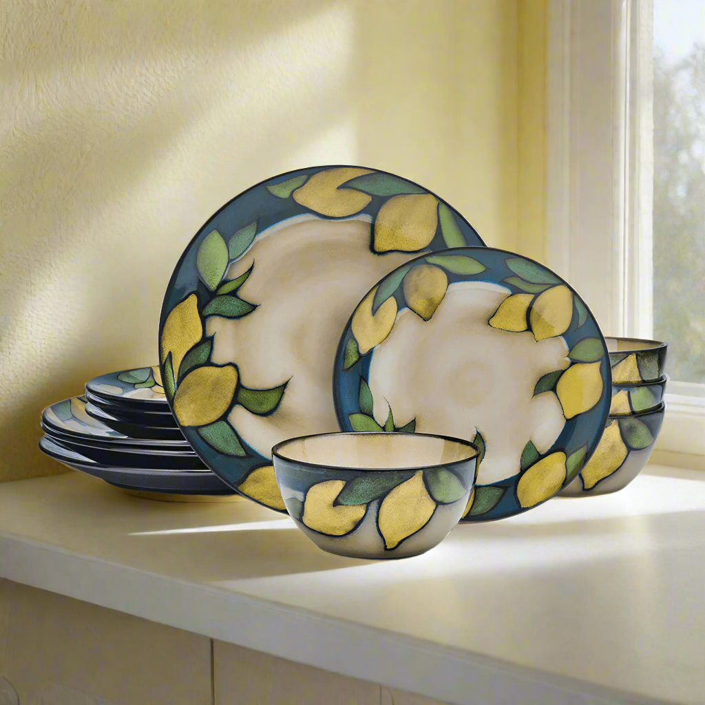 Close-up of ceramic dinner plates with lemon design and blue border