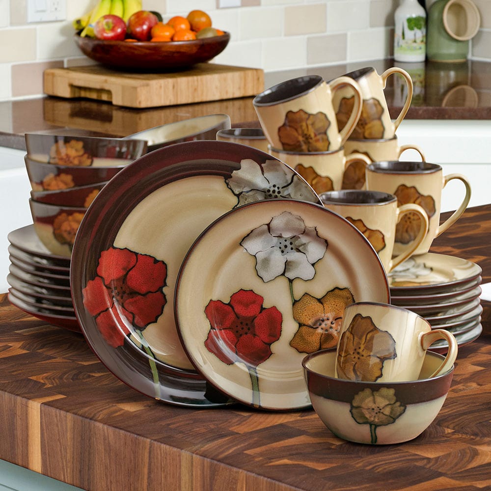 Close-up of reactive glaze pattern on dinner plate from the painted poppies dinnerware set