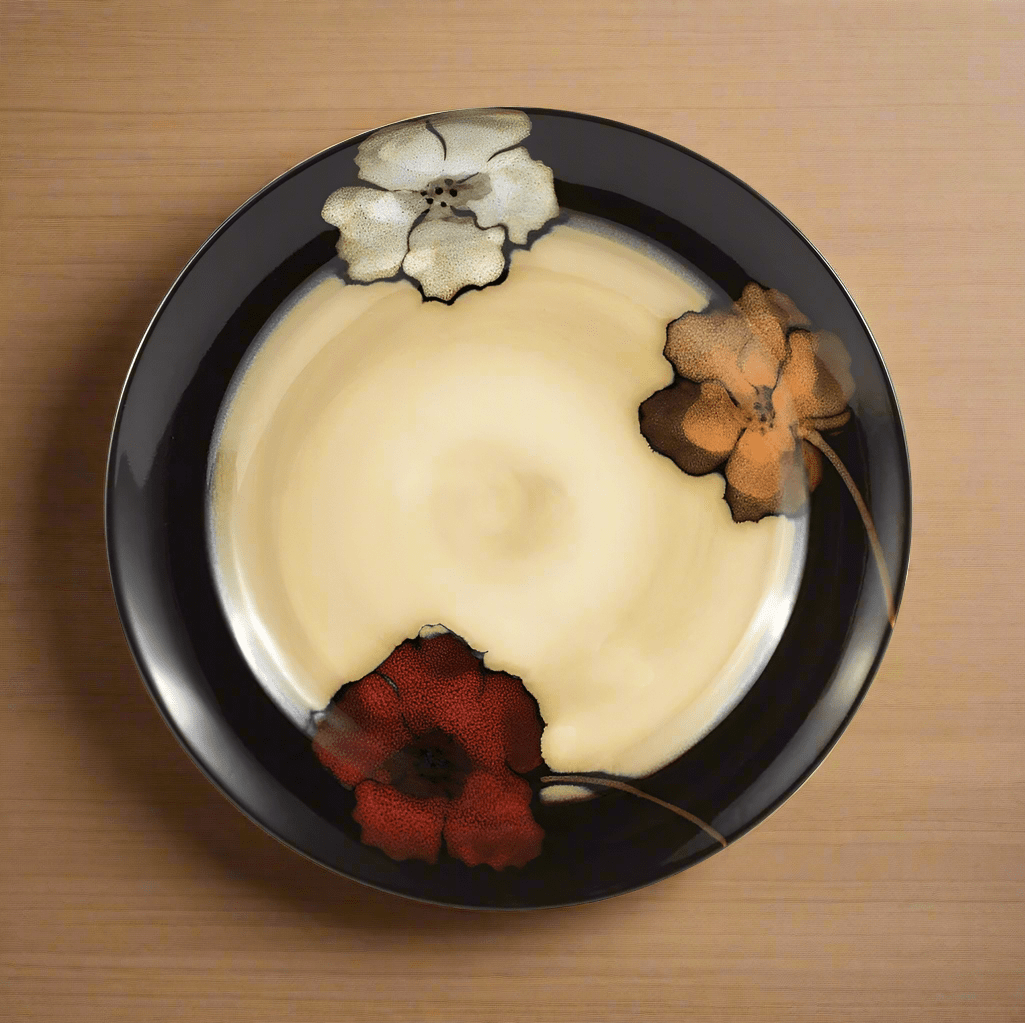 Handcrafted reactive glaze dinner plate showcasing vibrant colors and unique patterns