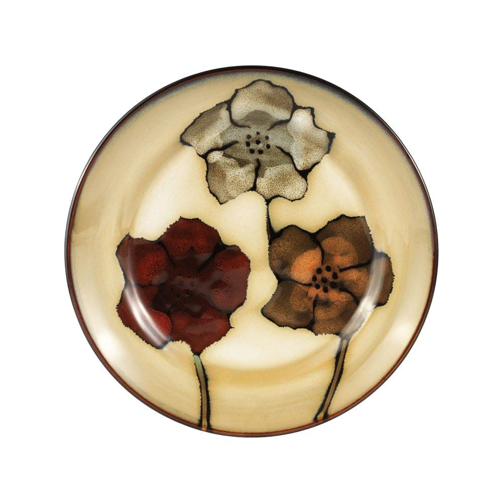 Close-up of reactive glaze pattern on dinner plate from the painted poppies dinnerware set