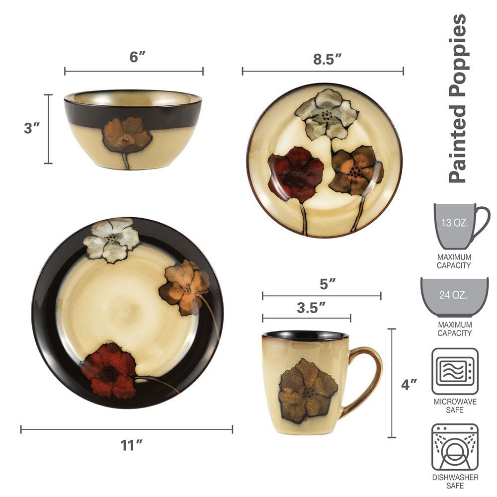 Close-up of reactive glaze pattern on dinner plate from the painted poppies dinnerware set