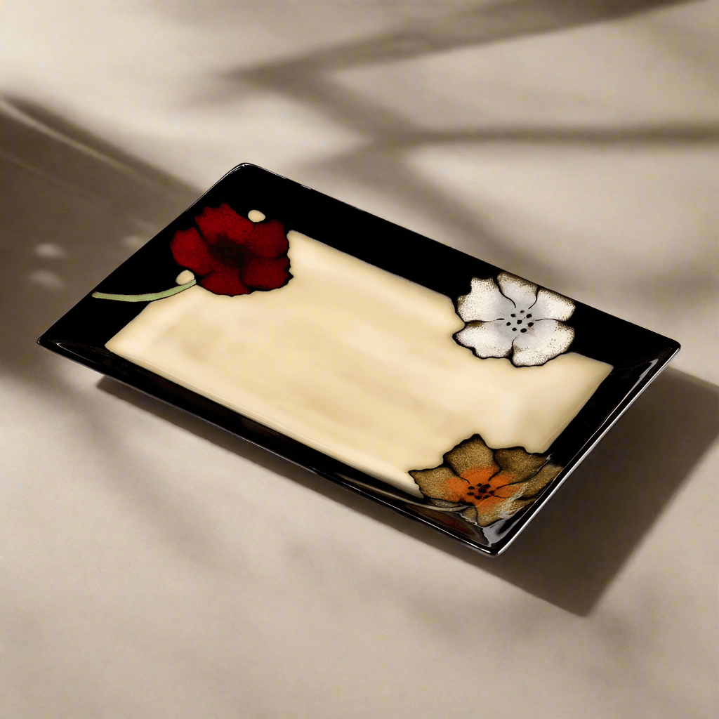 Top-down view of the reactive glaze rectangular serving platter with poppy accents, ideal for everyday meals