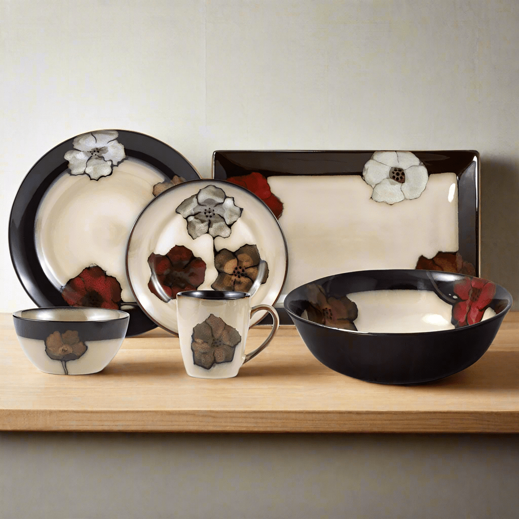 Lifestyle image of the unique reactive glaze dinnerware for home use, styled on a rustic wooden table with fresh flowers.