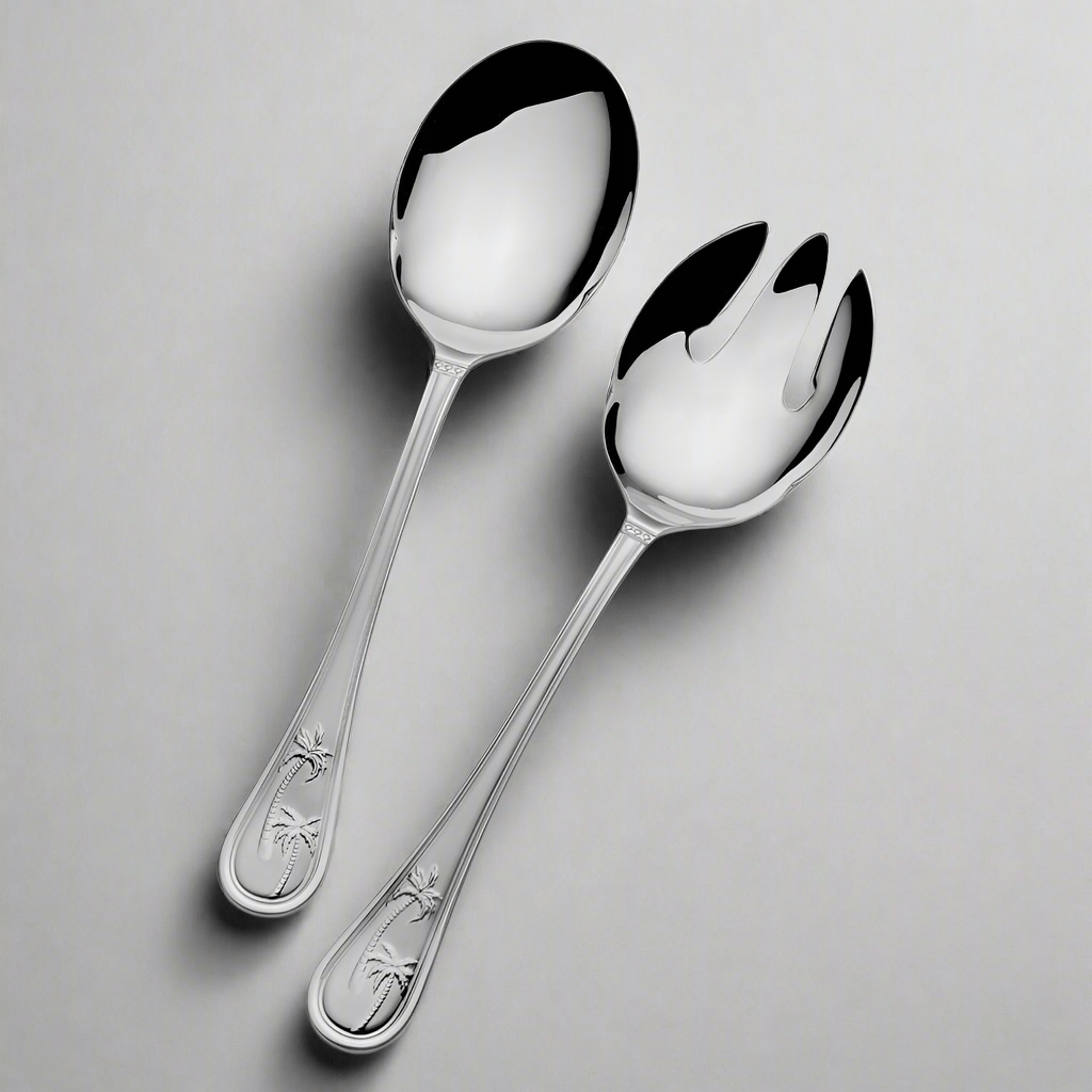 Close-up of Palm Breeze tropical serving set with palm tree motif on stainless steel handles