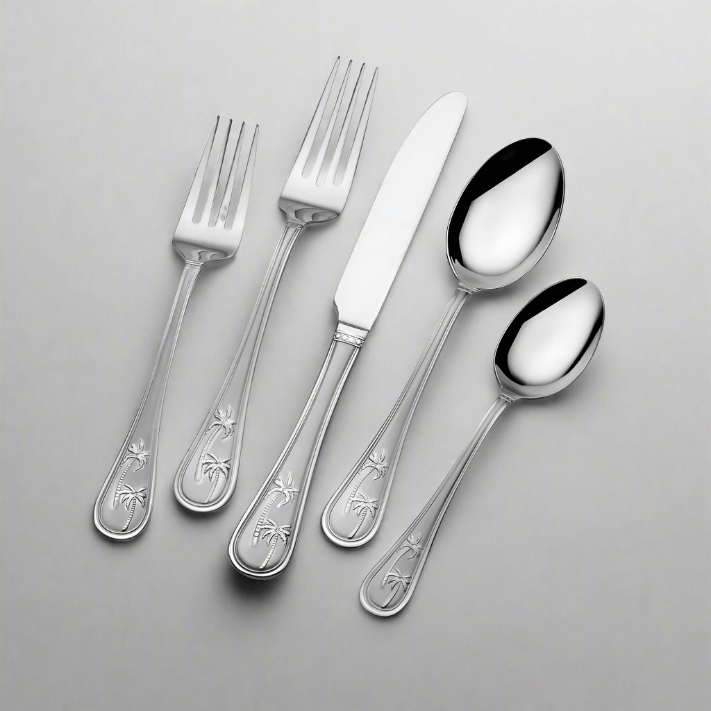 Tropical Charm flatware set arranged with dinnerware, emphasizing its vibrant appeal.