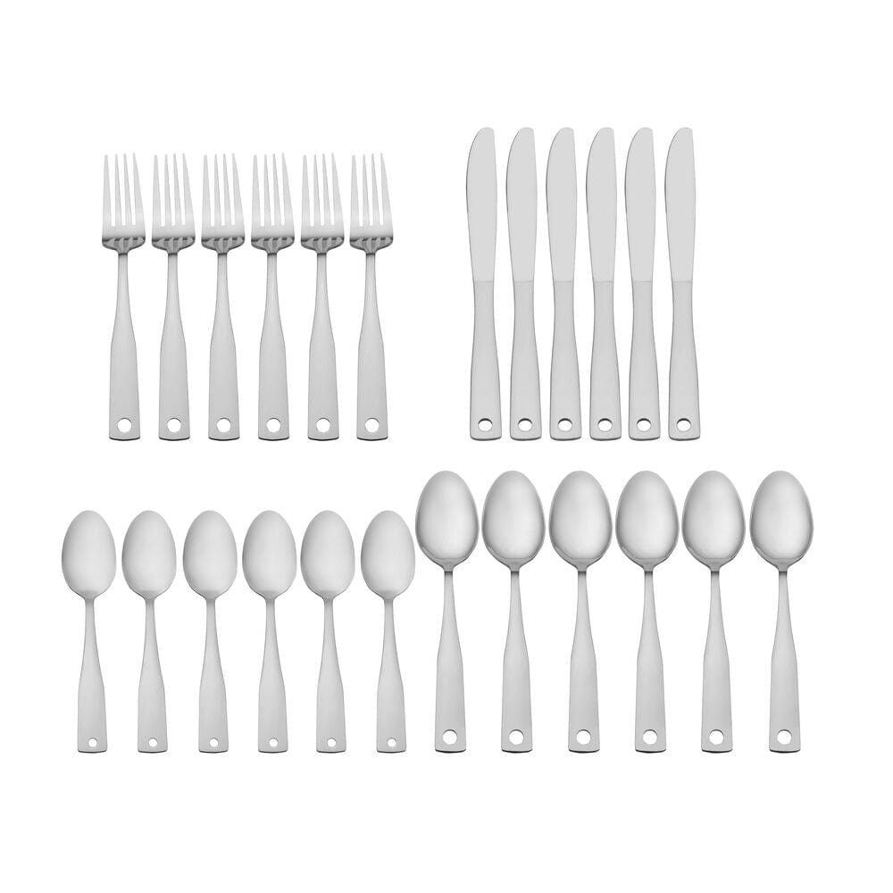Piccadilly flatware set with caddy on a dining table, showcasing its stylish design