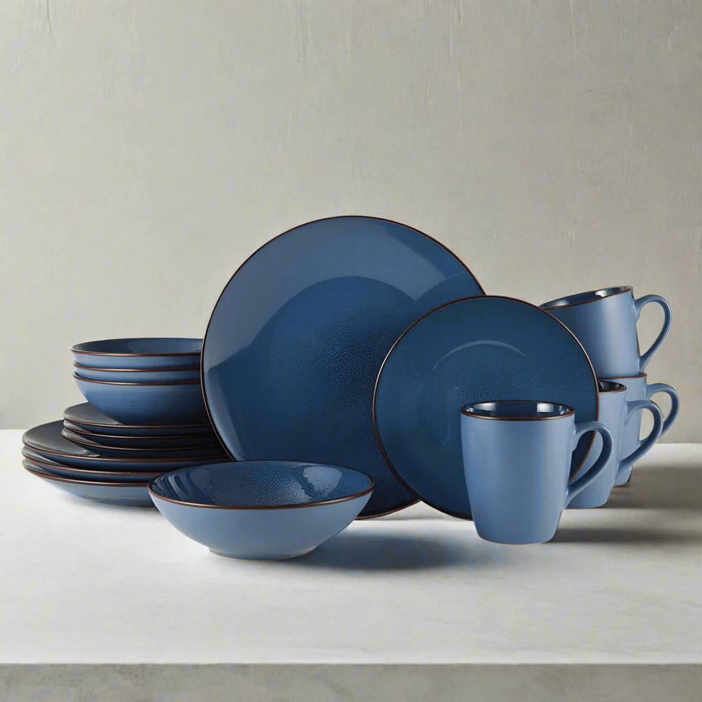 Blue dinner plates with brown rim and speckle design, styled for daily use