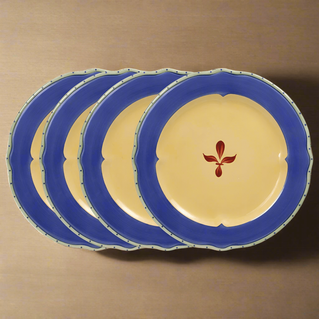Close-up of blue band on stoneware dinner plate