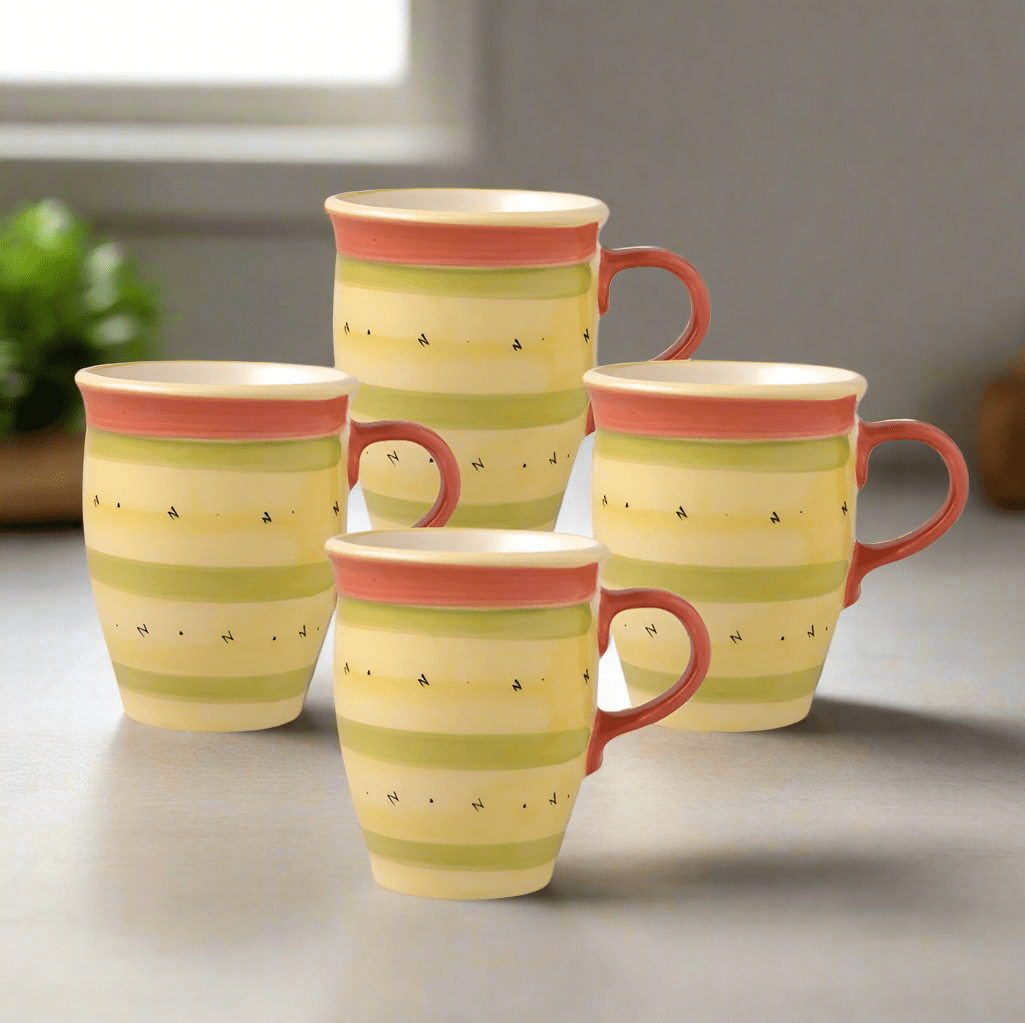 Close-up of large 14 oz tea mug with red handle, perfect for morning coffee