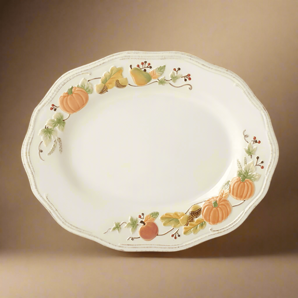 Top view of the oval platter filled with roast beef slices, perfect for holiday meals