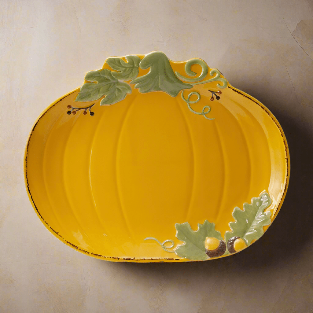 Front view of large pumpkin serving platter with fall leaf accents