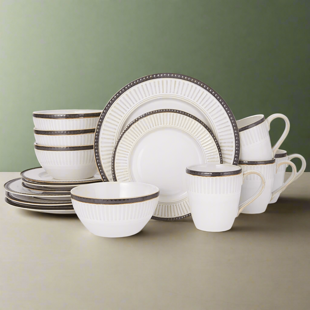 Close-up of stoneware dishes with dinner, salad, and soup bowls for family use