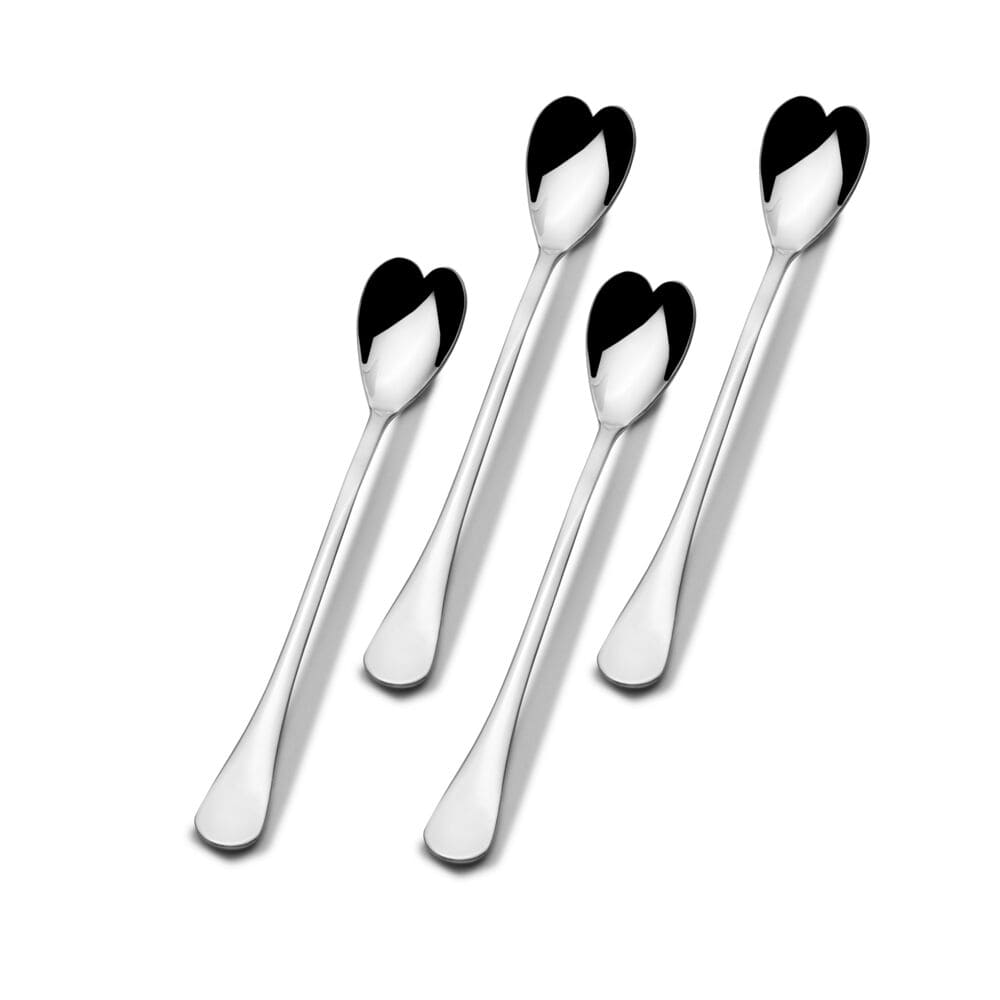 Heart-shaped iced beverage spoon set displayed on a rustic table.