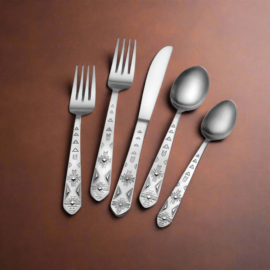 Pueblo flatware set displayed on a dining table, showcasing its elegant stainless steel finish.