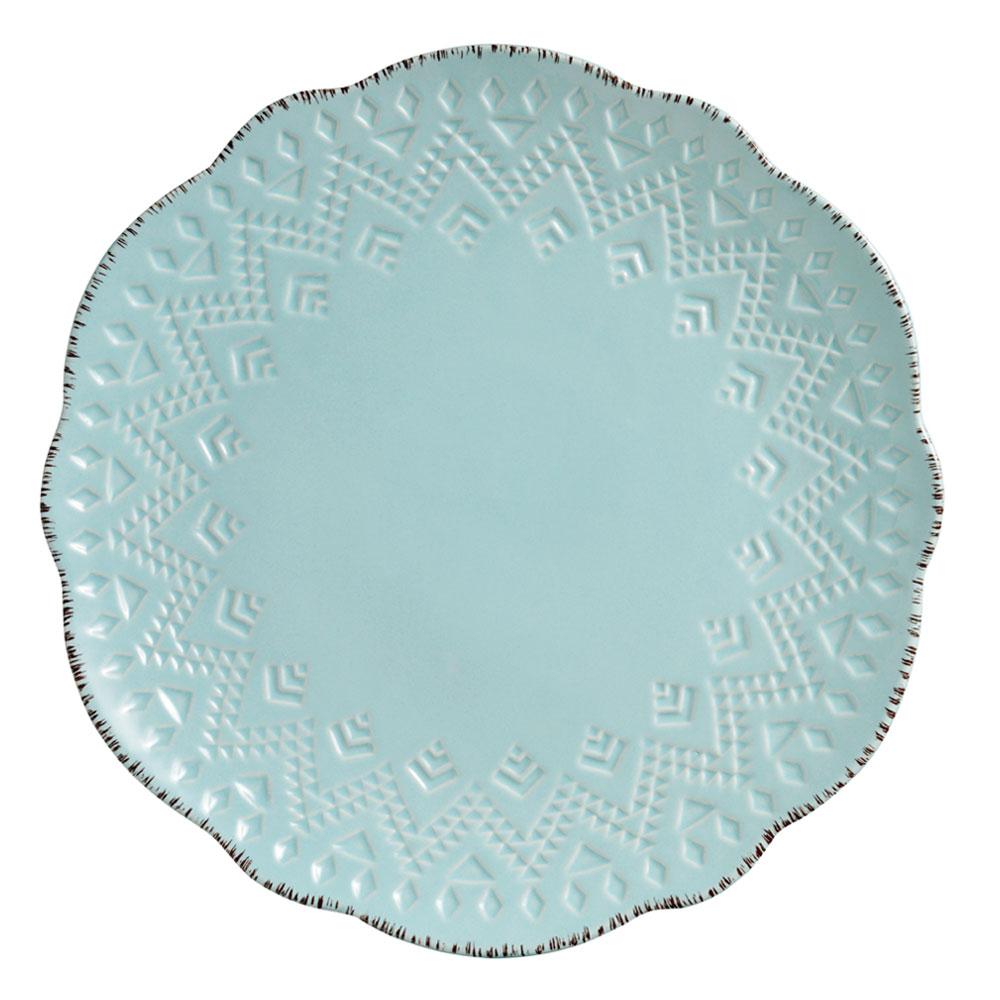 Top view of a full place setting featuring the Remembrance teal stoneware dinnerware set.