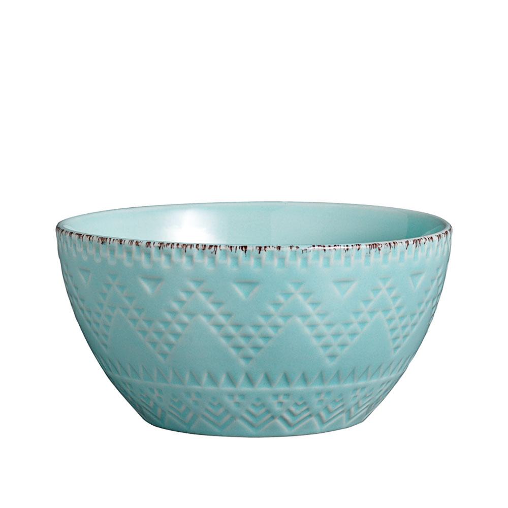 Top view of a full place setting featuring the Remembrance teal stoneware dinnerware set.