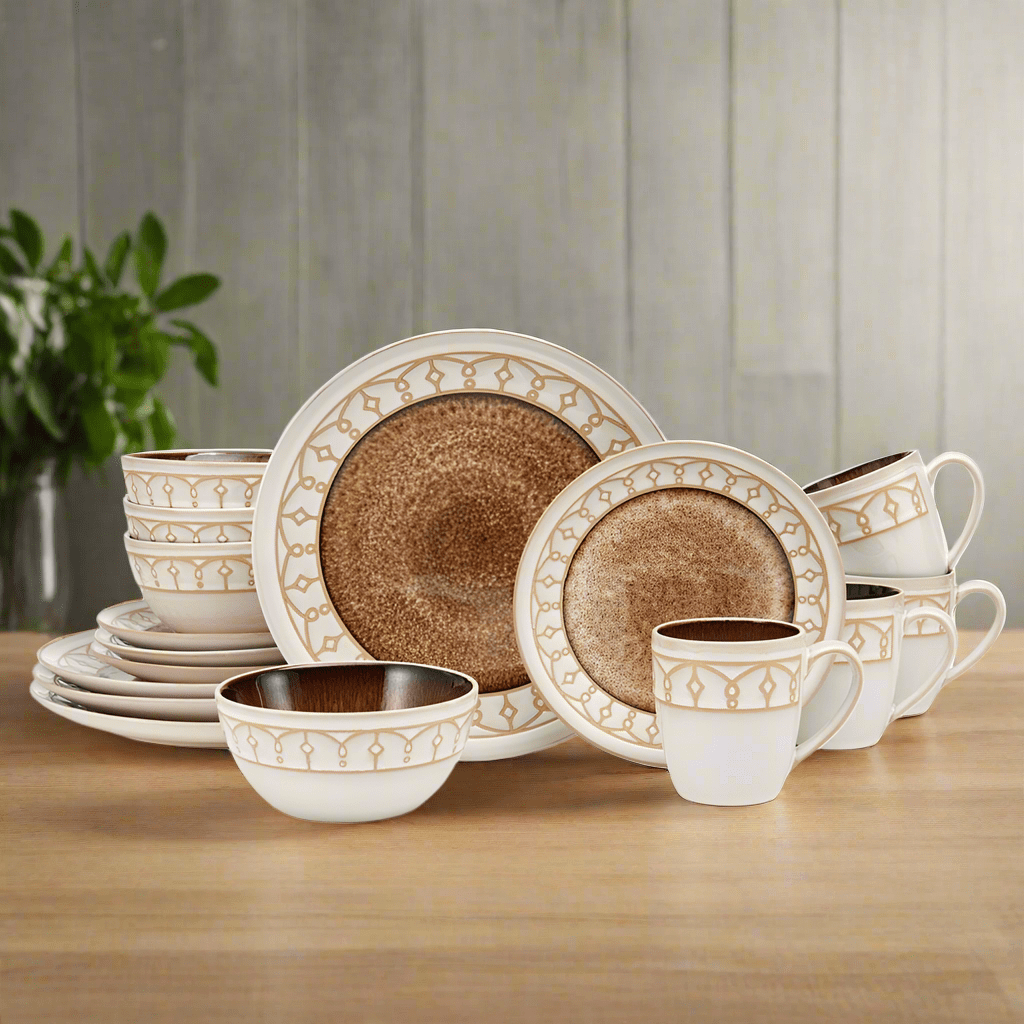 Close-up of the beige speckled stoneware dinner plate with artistic glaze