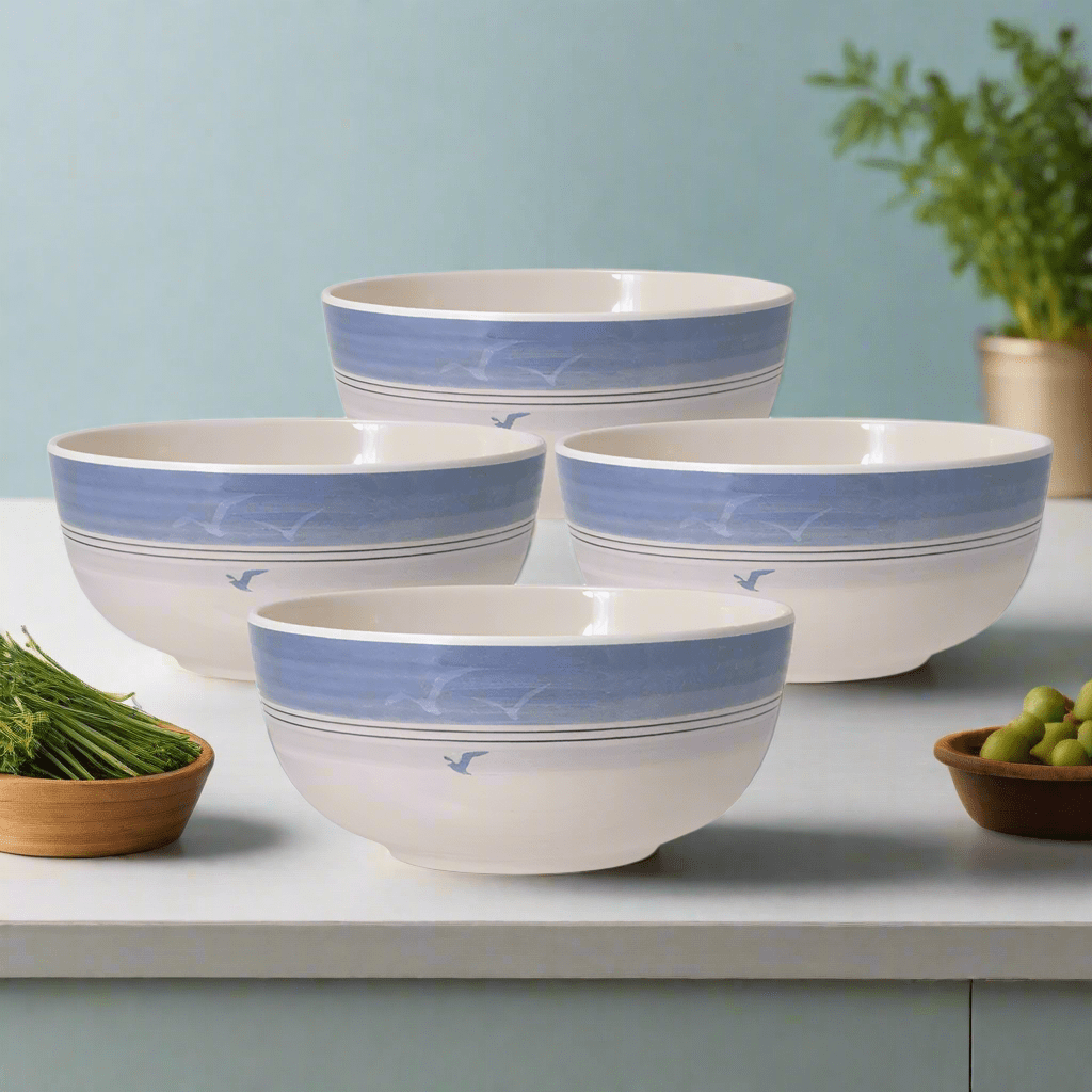 Close-up of durable outdoor melamine cereal bowls in a sunny picnic setting