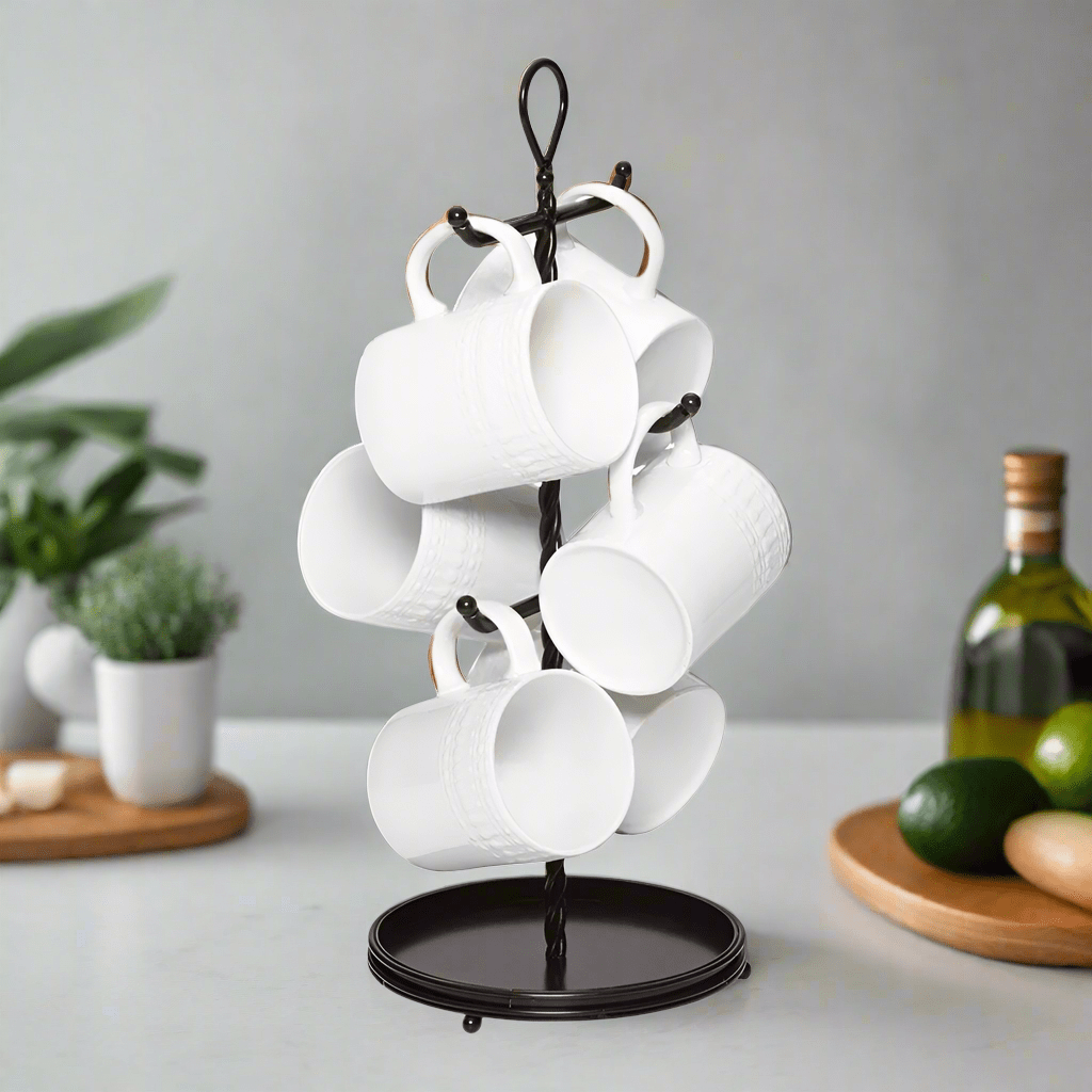 Classic rope mug holder showcasing six mugs on a kitchen countertop