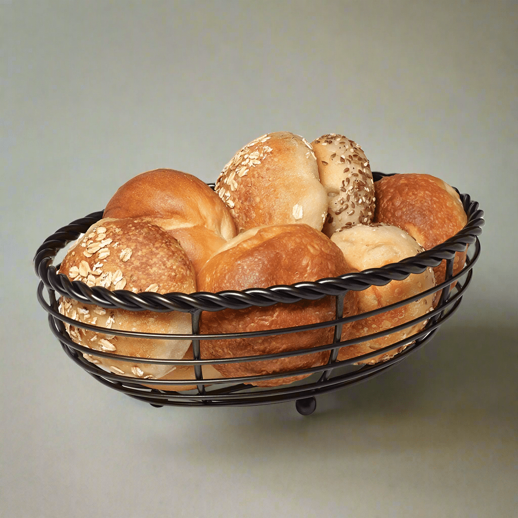 Oval rope bread basket filled with fresh bread for family dinner