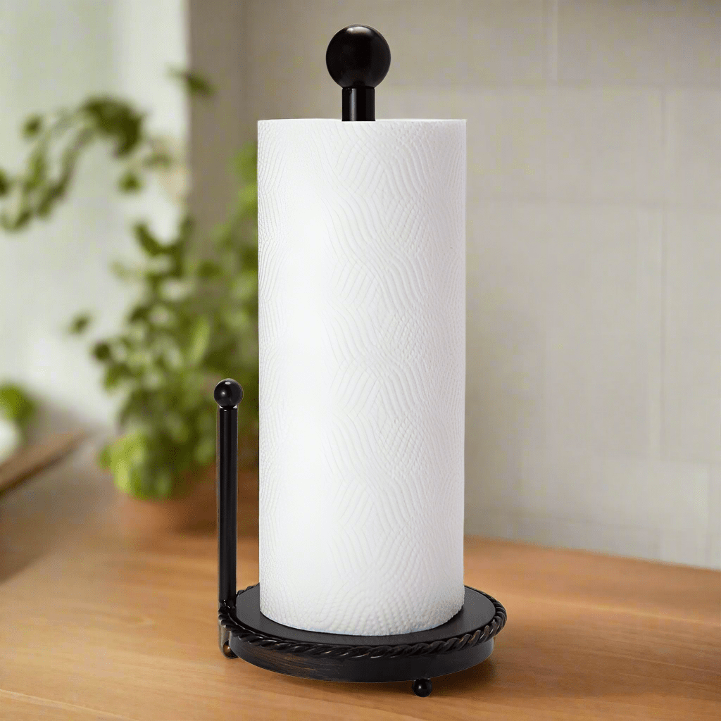 Chic rope twist paper towel holder in a modern kitchen setting, showcasing its elegant design.