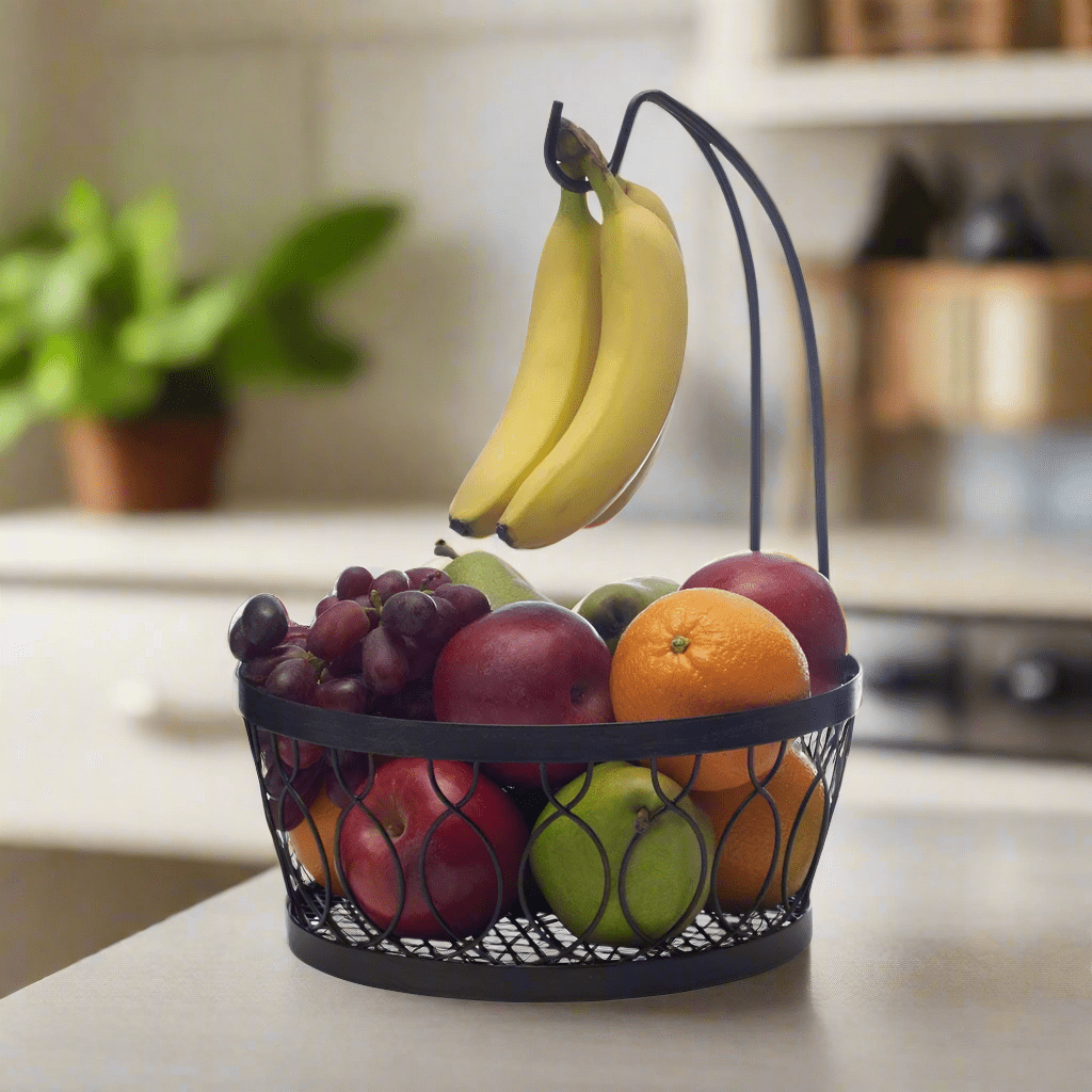 Large outdoor fruit storage basket with banana hook on a patio table